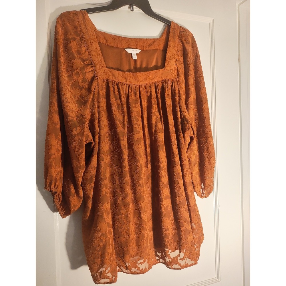LC Lauren Conrad 3X Burnt Orange Floral Jacquard Square Neck Peasant Blouse Plus